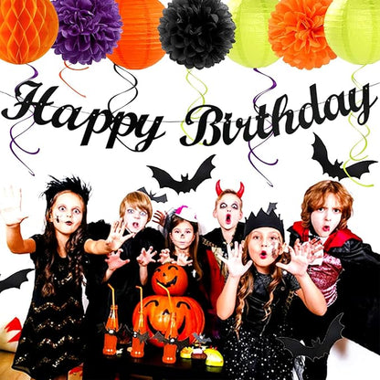 Black-Green Orange-Purple Halloween Birthday Party-Decorations - 21pcs Happy Banner,Paper Lanterns Honeycomb,Tissue Pom Poms Flower Fan,Kids Classroom Hanging Streamers Garland Decor Supplies Huglony