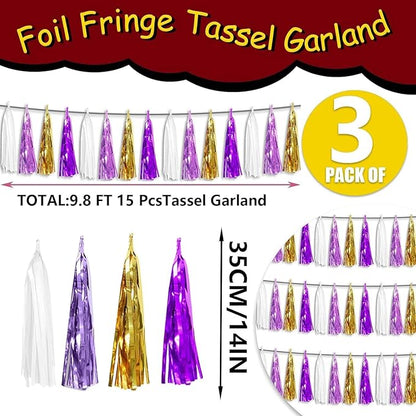 3P Metallic Fringe Tassel Banner Garland Foil Tinsel Streamer Wall Hanging Curtain Backdrop Banner for Parade Floats, Graduation, Carnival Mardi Gras Party Decorations(Gold Purple)