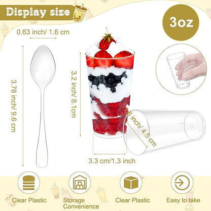 CHENGU 3 Oz Dessert Cups with Spoons Mini Shooter Cups Small Round Tableware for Parfait Appetizer Pudding Tasting for Event Festival Birthday Party Supplies(150 Pieces)