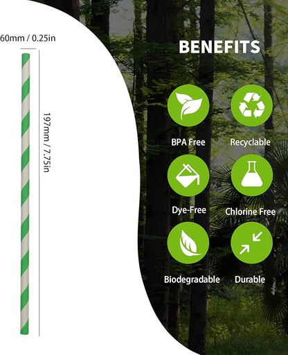 Environment Green White Paper Straws Bulk 100, Disposable Green Striped Drinking Straws with Kraft Box Packing Coktail Straw for Holiday Use Juice Patener
