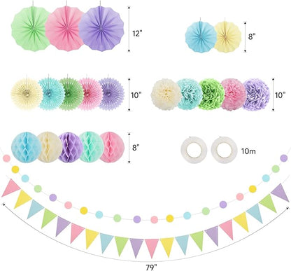 Pastel Party Decorations, 24Pcs Birthday Classroom Baby Shower Decor with Hanging Paper Fans, Pom Poms Flowers Packs for Girls Kids Birthday Rainbow Party, Macaron Carnival Theme Hanging Supplies