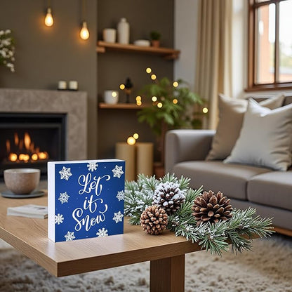 Winter Decorations Indoor Winter Decor Let It Snow Home Room Snowflakes Table Wood Box Sign Rustic Wooden Shelf Desk Decor Season Sign House Warming Gifts 5.9 x 5.9 Inch