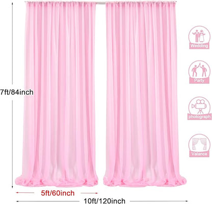 PARTISKY 10x7ft Pink Chiffon Backdrop Curtains, Wrinkle-Free Sheer Fabric Photo Drapes for Wedding Ceremony Arch Birthday Baby Shower Photography Stage Decor 5x7ft, 2 Panel