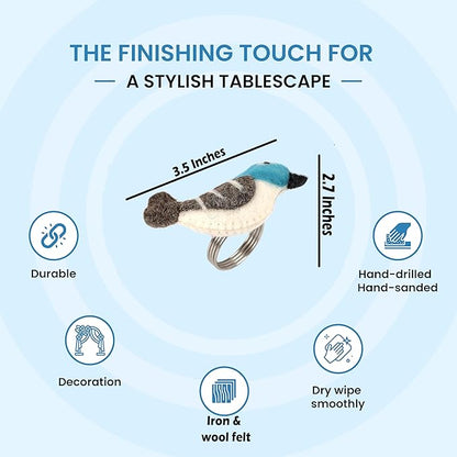 Wool Felt Napkin Ring Set of 8 - Bird Napkin Holder for Dining Table with Silver Electroplated Metal Base - Perfect for Spring, Holiday Parties, Rustic Event (White Blue Grey Black) - CLEENTABLE