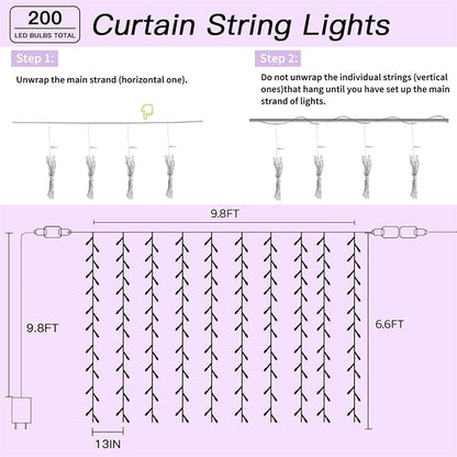 200 LED Rainbow Curtain String Lights 9.8 * 6.6FT Plug in Fairy with Timer and 8 Modes, Waterproof Window Wall Lights for Bedroom Wedding Party Indoor Outdoor Christmas Decor