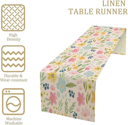 Floral Table Runner, Boho Style Watercolor Flower Green Leaf Plant Rectangle Table Decoration for Dining, Party, Holiday,13in（33cm） W * 72in（184cm） L