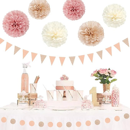Pink Champagne-Peach Rose-Gold Boho Party Decorations - 23pcs Women Girls Birthday Tissue Pom Poms Streamers,Baby Bridal Shower Tassel Garland Banner,Rustic Wedding Graduation Decor Backdrop Ouruola