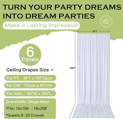 PartyVillage 30ft×15ft White Backdrop Curtain for Wedding Parties, 6 Panels Wrinkle Free 15 FT Long Polyester Photo Backdrop Drapes Back Drop Cloth for Birthday Photography Background