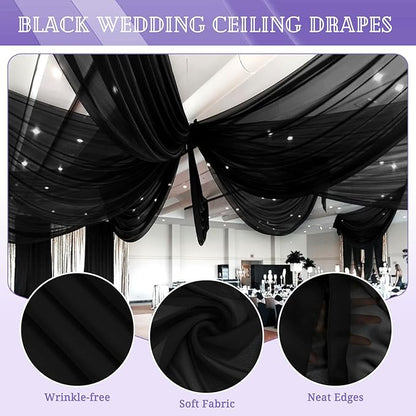 8 Panels Black Ceiling Drapes for Wedding 5ftx20ft Sheer Drapery Chiffon Fabric Arch Draping Curtains for Party Ceremony Birthday Baby Shower Reception Stage Ceiling Decorations