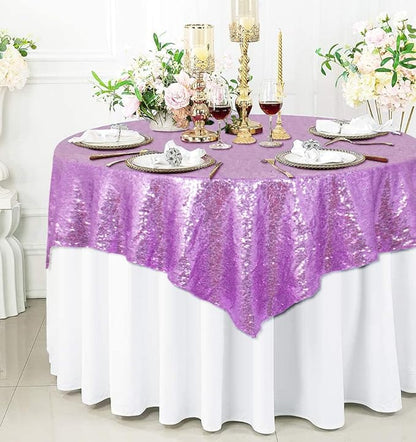 ShinyBeauty 72x72 Inch Square Sequin Tablecloth Overlay - Lavender Shimmer Wedding Table Cover for Cocktail Party, Light Purple Sparkling Cake Table Decoration