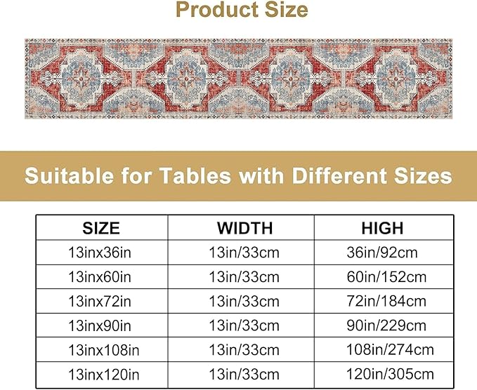 Boho Floral Vintage Table Runner, Retro Blue Red Flower Rustic Country Farmhouse Abstract Pattern for Home Kitchen Table Decor Dining Coffee Room Party Decor 13x108in