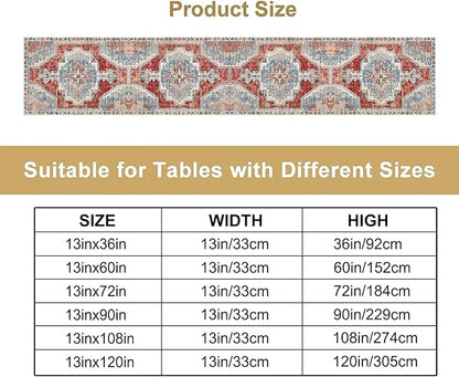 Boho Floral Vintage Table Runner, Retro Blue Red Flower Rustic Country Farmhouse Abstract Pattern for Home Kitchen Table Decor Dining Coffee Room Party Decor 13x90in
