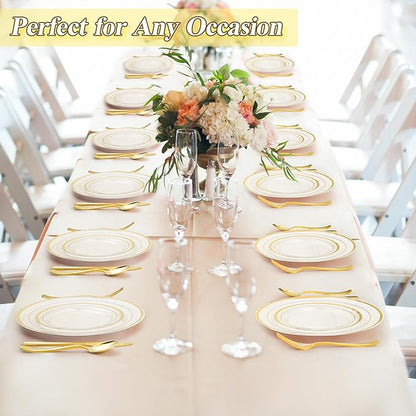 200PCS Clear Gold Plastic Plates Set, 100 10.25 inch Dinner Plates and 100 7.5 inch Dessert Plates, Disposable Plates for Party, Wedding