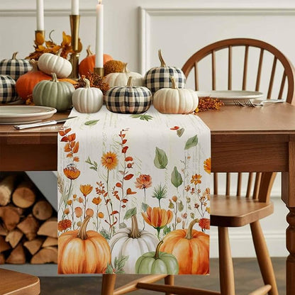 Fall Wildflowers Cotton Linen Table Runner for Dining Kitchen, Thanksgiving Pumpkin Outdoor Party Rustic Tablerunners Decoration, Botanical Floral Vintage Dresser Scarf Tablecloth Runners 13x60 Inches