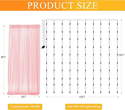 Fomcet Peach Tulle Backdrop Curtains with Lights String 10FT X 8FT Sheer Curtain with Lights Tulle Curtains Backdrop for Wedding Birthday Party Baby Shower Photo Shoot (2 Panels 5x8FT)