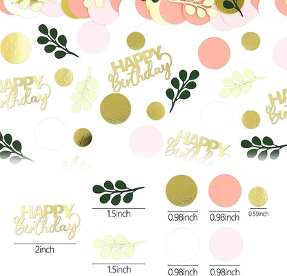 300PC Pink and Sage Green Happy Birthday Confetti for Table Boho Birthday Decorations for Women/Girl Round Dots Eucalyptus Table Scatters Party Supplies