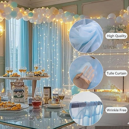 10×8ft Tulle Backdrop Curtains with Lights String - 300LED Fairy Lights Sheer Curtain Backdrop for Weddings Baby Shower and Birthday Party Decorations(6 Panels 5×8ft)