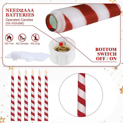 Baquler 6 Pcs Christmas Flameless Taper Candles 10.6 Inch Glitter Candy Cane Candles Battery Operated LED Christmas Candlesticks for Xmas Centerpiece Holiday Party Decor