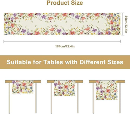 Floral Table Runner,Flowers Plant Print Spring Table Runner for Kitchen Dining Table Decoration for Home Party Decor 13x36 Inch