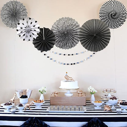 Party Hanging Paper Fans Set, Black Round Pattern Paper Garlands Decoration for Birthday Wedding Graduation Events Accessories, Set of 6