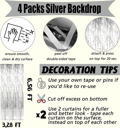 4 Pack Silver Fringe Curtain Backdrop, 3.2Ft x 6.6Ft Metallic Tinsel Foil Fringe Streamers Background for Photo Booth Birthday Wedding Baby Shower Carnival Easter Mother’s Day Party Decorations