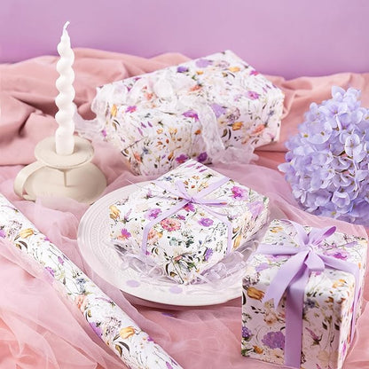 WRAPAHOLIC Kraft Floral Wrapping Paper Roll - Mini Roll - 17 Inch x 16.5 Feet - Garden Wildflower Wrapping Paper Perfect for Girls Women Birthday, Wedding, Bridal Shower