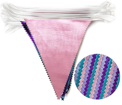 Mermaid Party Decorations Purple Pink and Teal Aqua Metallic Fabric Triangle Pennant Banner Flag Bunting Garland for Mermaid Under the Sea Birthday Wedding Baby Shower Engagement Party Supplies