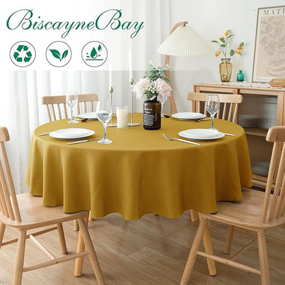 Biscaynebay Round Christmas Tablecloths 60" for Round Tables diameters from 28" to 48", Gold Textured Fabric Water Resistant Folding Table Covers Washable for Dining, Kitchen, Wedding, Parties etc