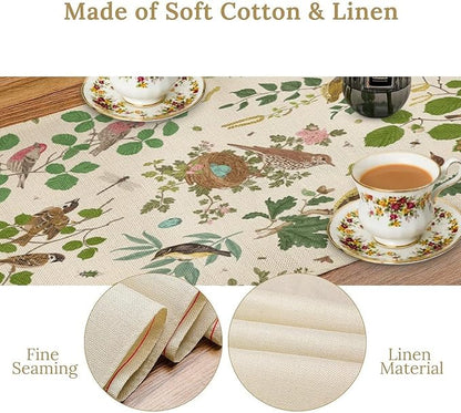 Vintage Bird Flower Table Runner Seasonal Spring Summer Garden Plants Farmhouse Country Kitchen Dining Table Decoration for Home Party Holiday 13"x70"