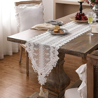 patdrea Designer Vintage White Lace Table Runner,Crochet Decorative Table Covers,Chiffon Embroidered Tasseled Table Runners, Cutwork Dresser Runners,Christmas Wedding Party Bridal 16x102 Inches Long