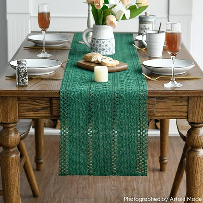 Artoid Mode Dark Green Farmhouse Woven Rustic Hollow Table Runner, Seasonal Holiday Hollow Kitchen Dining Table Decoration for Home Party Decor 12x108 Inch