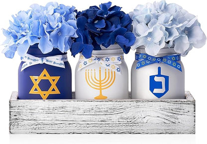 Hanukkah Decorations for Home, Chanukah Table Decor with Mason Jars, Hydrangea, Wood Tray, Hanukkah Gifts Table Centerpieces, 25 Pcs Chanukah Decorations Indoor for Living Room Bedroom