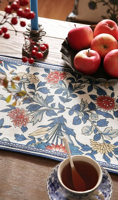 patdrea Designer Blue Cottage Rustic Floral Patterned Linen Table Runner 102 Inch Long,Wrinkle Resistant Table Mat,Decoration for Kitchen Dining and Coffee Tables Banquet Christmas ,12"x102"