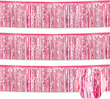 3 Pack 10 Feet Pink Foil Fringe Garland Metallic Tinsel Streamers Banner Wall Hanging Curtain Backdrop for Parade Floats, Christmas Day, Valentine's Day, Thanksgiving, Birthday Party Decorations