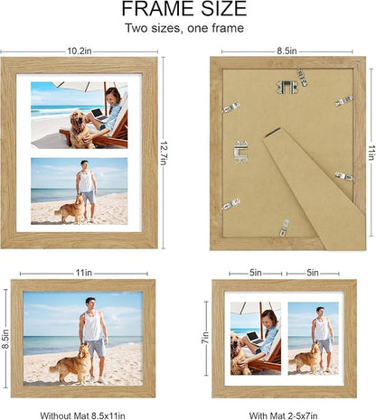 8.5x11 Picture Frame Set of 2, Natural Oak Certificate Document Frames with Glass Collage Frame, Display Pictures Two 5x7 With Mat or 8.5 x 11 Without Mat for Wall Hanging or Tabletop