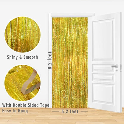 GOER 3.2 ft x 8.2 ft Metallic Tinsel Foil Fringe Curtains Party Photo Backdrop Party Streamers for Birthday,Graduation,New Year Eve Decorations Wedding Decor (1, Shiny Gold)