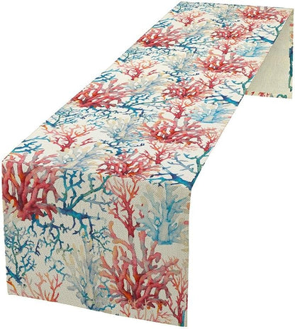 Blue Beach Table Runner, Tropical Ocean Coast Table Runner, Seashell Seasonal Nautical Restaurant Coffee Table Decorations for Home Holiday Party Indoor Outdoor 13x60 Inch