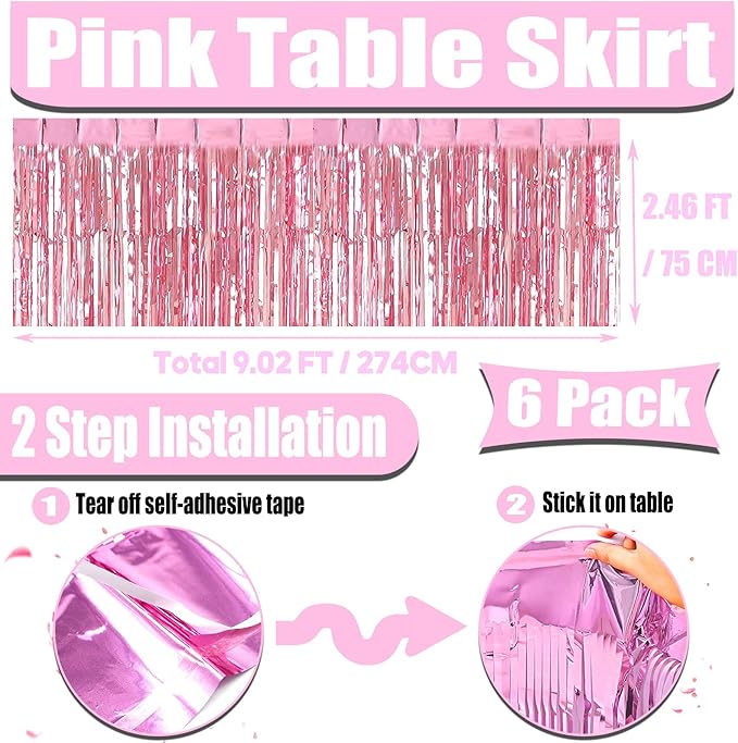 6 Pack 29x108 Inch Metallic Foil Fringe Tinsel Table Skirts Banner for Rectangle Tables Streamer Garland Curtains Backdrop for Wedding, Birthday, Parade Floats, Valentine's Day Party Decoration(Pink)