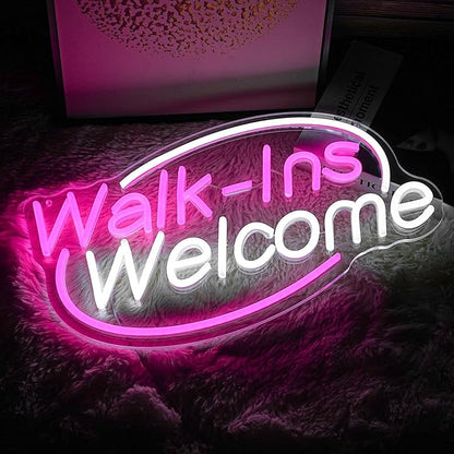 Walk-Ins Welcome Neon Sign, Neon Sign For Wall Decor, Pink + White Led Signs Usb Powered, Living Game Room Decor, For Bedroom Restaurant Bar Hotel Shop Party Birthday(16.5x9.4in)