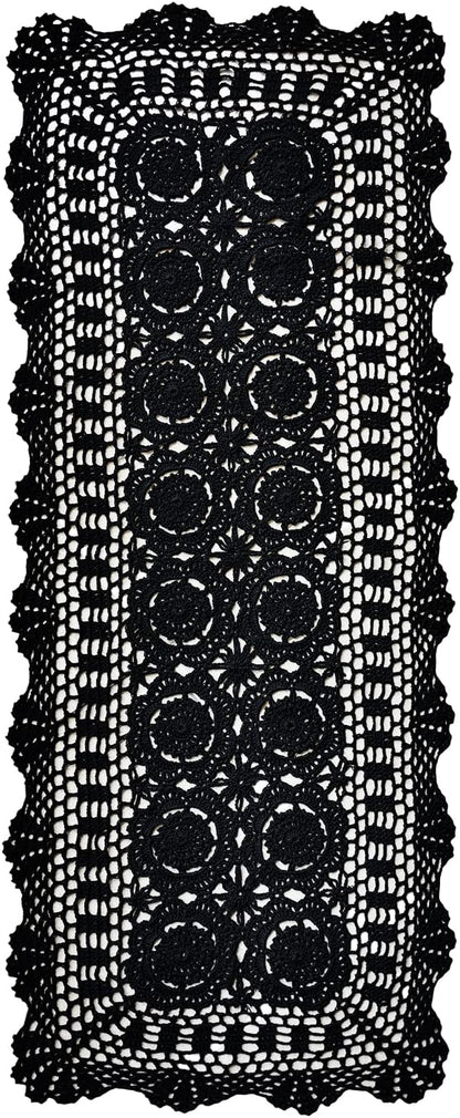 Phantomon Lace Table Runner Rectangular Table Cover Cloth Handmade Crochet Floral Placemats 100% Cotton (Floral Black, 15x39Inch)