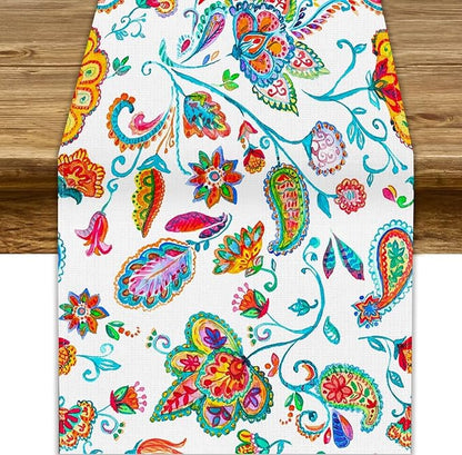 Paisley Table Runner, Watercolor Floral Oriental Indian Traditional Tulips Leaves Bohemian Paisley Print Table Runner for Kitchen Dining Tables Party Decor, 13x90inch