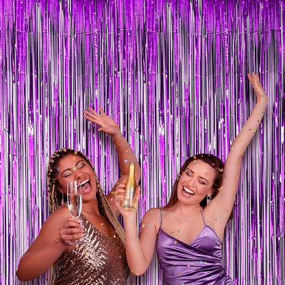 2 Pack Purple Foil Fringe Backdrop Curtains, Tinsel Streamers Birthday Party Decorations, Fringe Backdrop for Graduation, Baby Shower, Gender Reveal, Disco Party