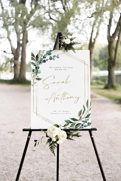 Personalized Wedding Welcome Sign, Greenery Modern Wedding Sign Signage 12" X 18" (Small), 27" (Medium), 36" (Large), Plastic, Modern, Pole Mount, Weather
