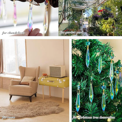 20pcs Large Colorful Crystal Prisms for Chandeliers Suncatchers, 63mm Crystal Icicle U-Drop Prisms Lamp Parts with Metal Bow Clips