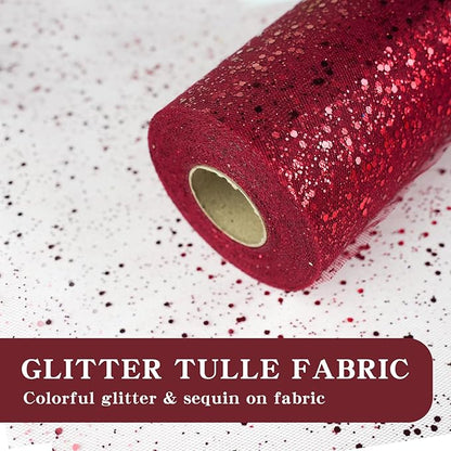 Glitter Tulle Rolls, 6” by 50 Yards (150FT) Sparkling Tulle Spool Ribbon Sequin Tulle Netting Fabric for Tutu Skirt Wedding Birthday Baby Shower (Burgundy)
