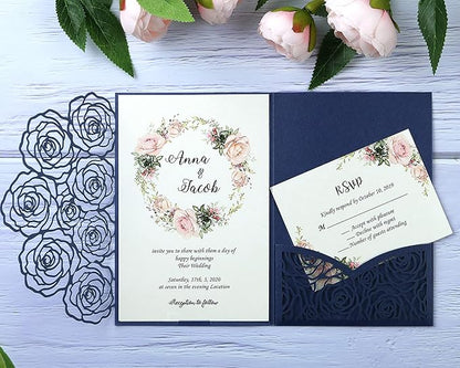 20 Pcs Laser Cut Wedding Invitations Card Pocket with Envelope for Birthday Party Baby or Bride Shower Invite suitable for 5 * 7 Inches Insert Paper (Dark Blue)