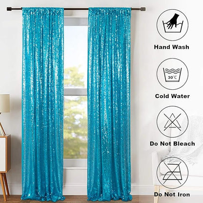 ShinyBeauty Turquoise Curtains 8 Panels, 2Ftx8Ft, Glitter Photograph Backdrops, Blue Backdrop Curtain for Parties,Birthday Decor,Sequin Background