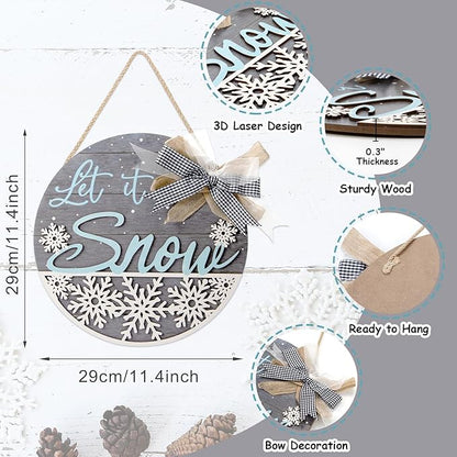 CHDITB Let It Snow Winter Decoration Sign(11.4”x11.4”), 3D Snowflake Xmas Winter Front Door Sign with Bow, Christmas New Year Housewarming Gift for Front Door Porch Farmhouse Indoor