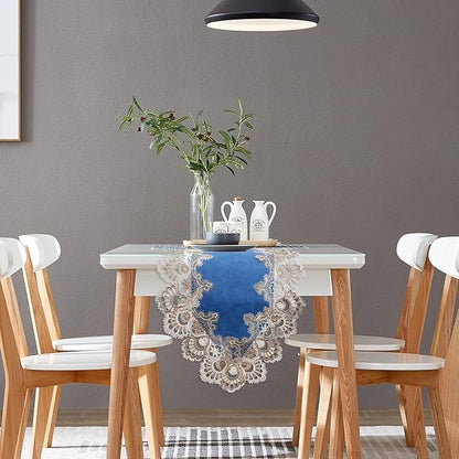 Vintage Lace Dining Table Runner, Small Macrame Coffee Table Runners 48 inches Long for Kitchen Home Christmas Party Decorations (16x48 inch, Blue)