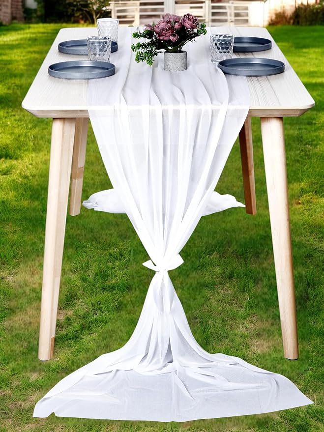 MDS 25 Pack 10ft Chiffon Table Runner 29 x 120 Inches Sheer Wedding Runner Romantic Rustic Table Runner for Wedding Decorations, Birthday Parties, Bridal Shower Party Arch Decor - White